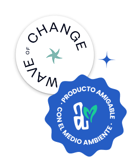 Sellos de certificación: iniciativa Wave of Change de Iberostar y etiqueta de Producto Amigable con el Medio Ambiente.